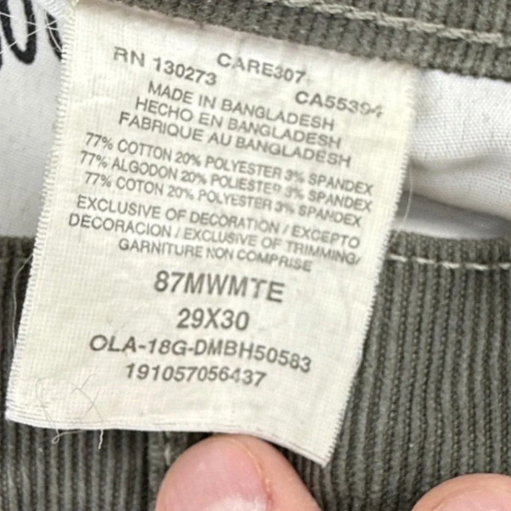 Wrangler Slim Fit Corduroy Pants Olive‎ Men's Size 29 x 30 Casual Everyday
